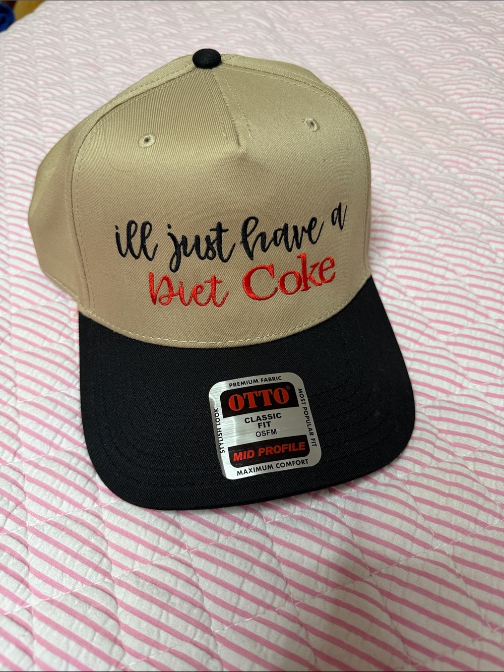 OTTO Beige and Black Trucker Hat with 'Diet Coke' Embroidery